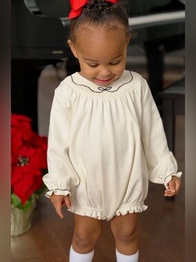 Baby Long-Sleeve One-Piece Romper in Cream with Navy Trim
